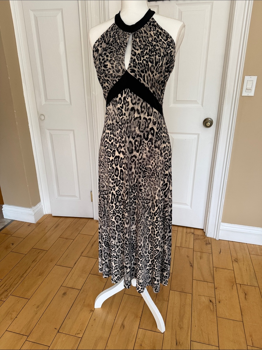 Leopard Print Halter Maxi Dress with Black Trim